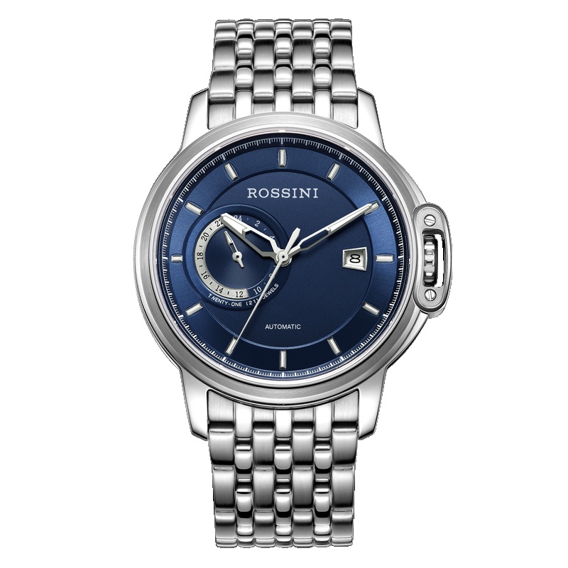 罗西尼(ROSSINI)手表雅尊商务系列时尚腕表24小时小盘日历勋章自动机械表蓝盘钢带男表718793W05B