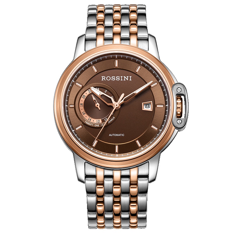 罗西尼(ROSSINI)手表雅尊商务系列时尚腕表24小时日历勋章自动机械表男士手表 间金棕盘钢带男表718793T01D