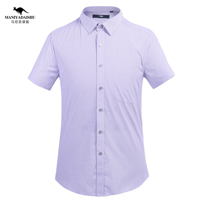 马尼亚袋鼠(MANIYADAISHU) 2018夏季新款拼接格子男士白色半领韩版修身衬衫夏季薄款短袖衬衫