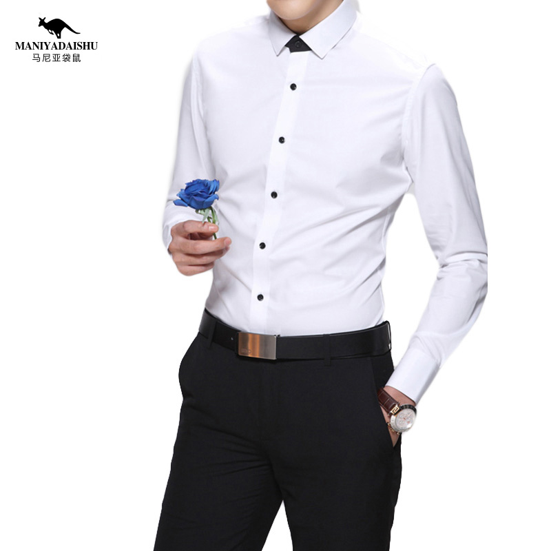 马尼亚袋鼠(MANIYADAISHU) 2018夏季新款青年男士商务休闲修身职业装长袖衬衫男