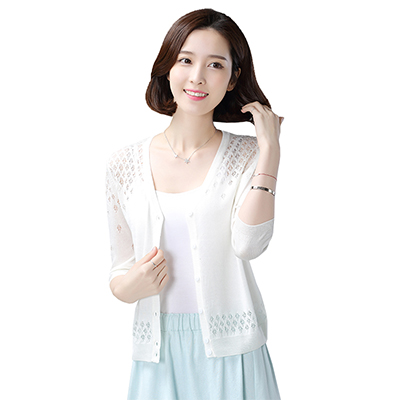 专柜同款 恒源祥含桑蚕丝女士针织开衫镂空秋季款薄外套短款