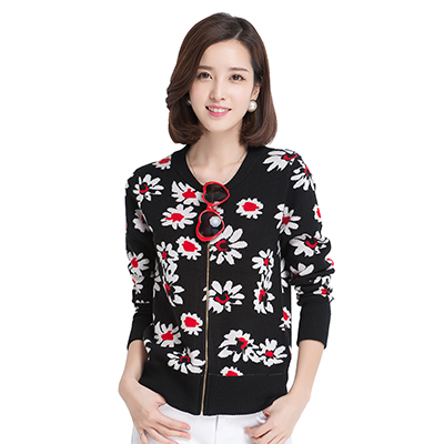 恒源祥女士开衫秋装款女装外套时尚开衫绣花女款针织衫长袖上衣