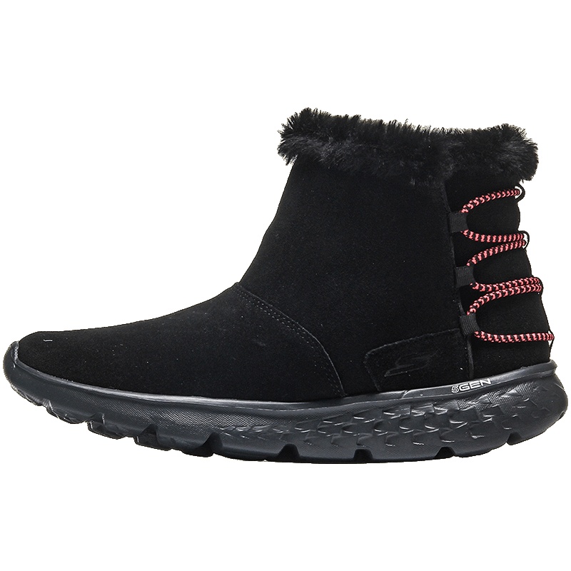 【自营】Skechers斯凯奇女鞋轻质反毛皮短靴一脚套雪地靴14404 14404/BKPK黑色+粉红色