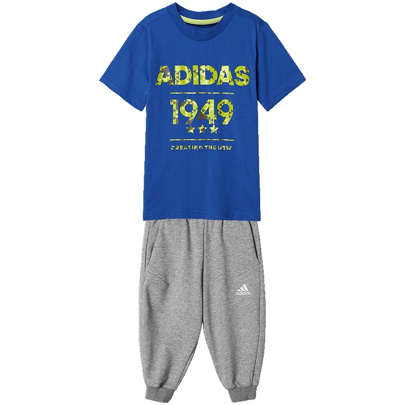 【自营】adidas阿迪达斯男童套装透气休闲运动服CW0417 110 CW0417上装：蓝色下装:中麻灰