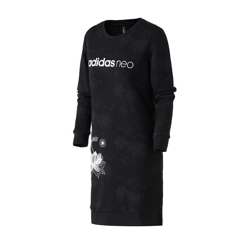 【自营】adidas阿迪达斯NEO女装运动休闲圆领连衣裙DZ7607 L DZ7607黑/黑