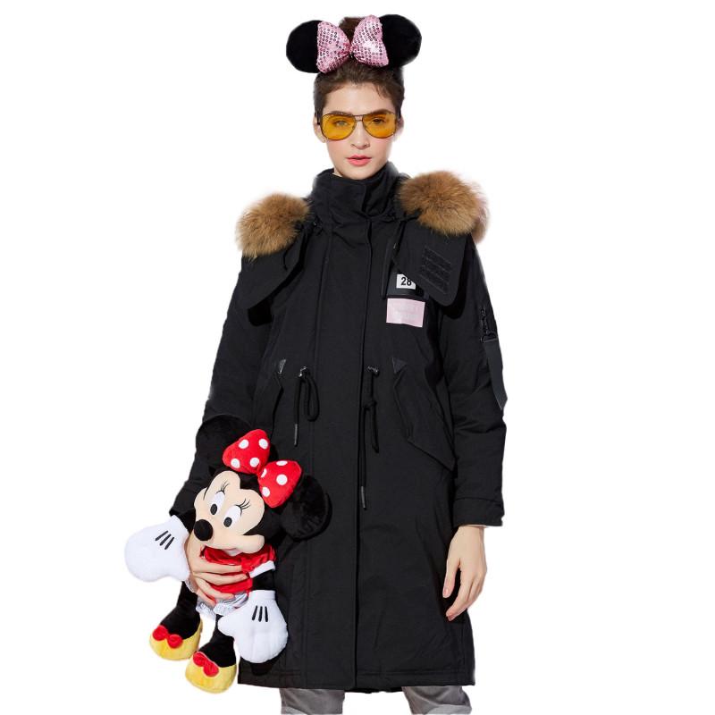波司登BOSIDENG女士冬季常规款迪士尼女中长款大毛领羽绒服 女B1601158