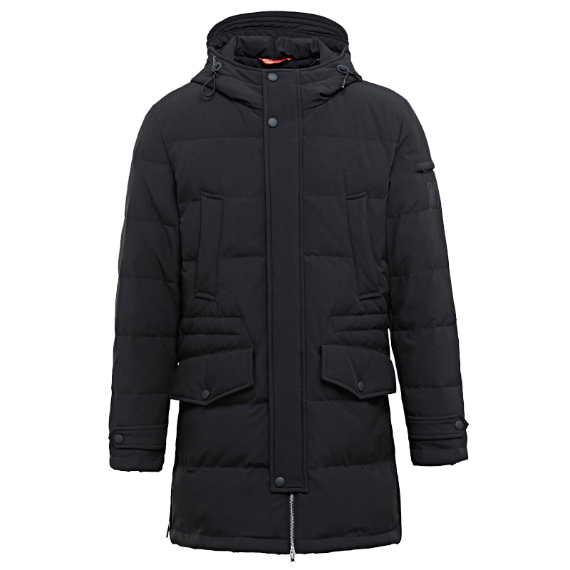 波司登BOSIDENG男士冬季休闲中长款连帽都市中长款保暖黑色羽绒服B1601109Q
