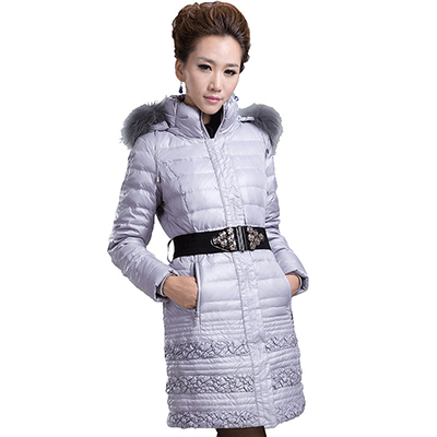 大羽女士羽绒服清仓大毛领修身韩版中长款冬装外套8915