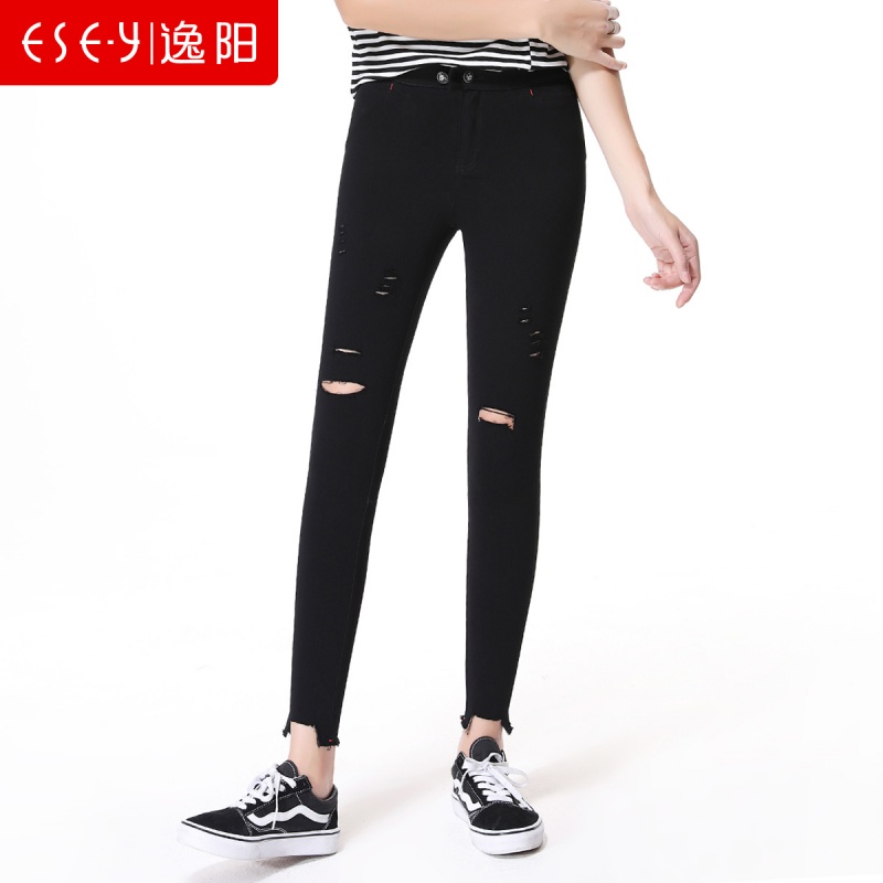 2018夏季新款黑色高腰显瘦破洞九分小脚紧身休闲裤女BB007