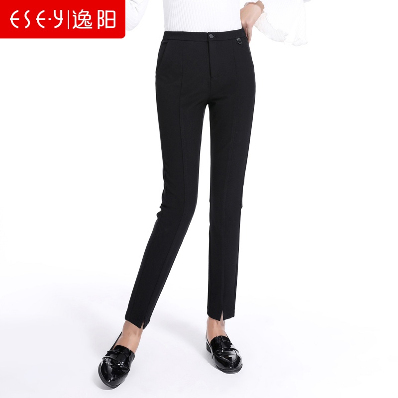 2018秋季新款铅笔裤女高腰显瘦开叉黑色超弹小脚九分裤70246