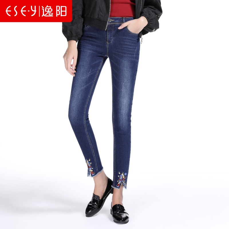 2018秋季新款绣花开叉牛仔裤女紧身小脚显瘦韩版九分裤72171