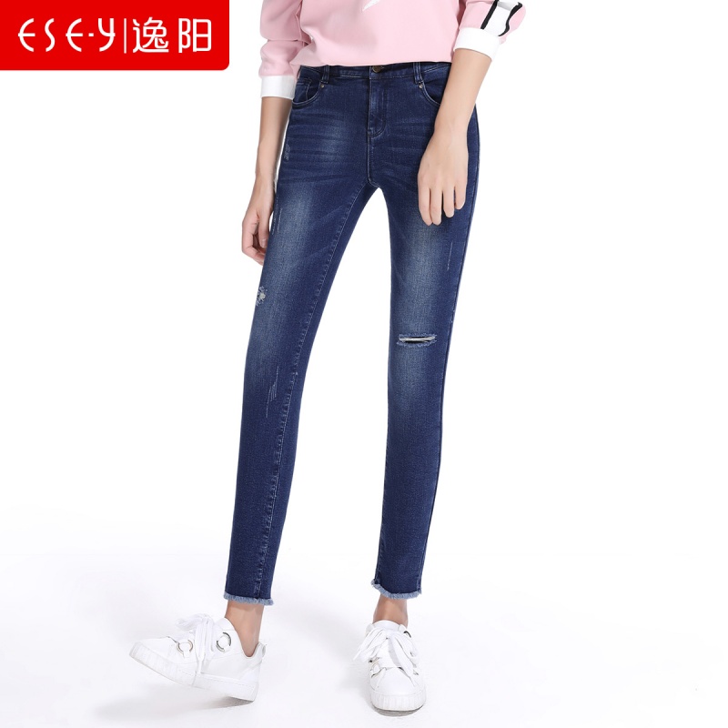 2018冬季新款加绒小脚时尚显瘦毛边九分铅笔裤牛仔裤子女2332