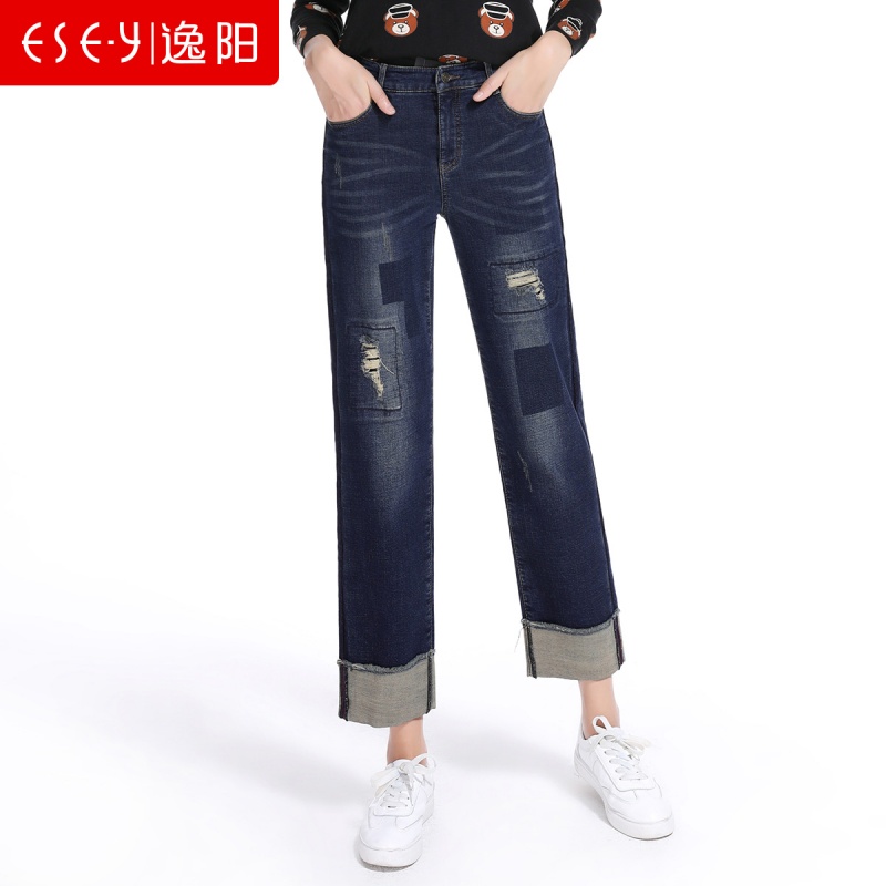 2018秋季新款时尚挽边破洞补丁宽直筒九分阔腿牛仔裤子女2274