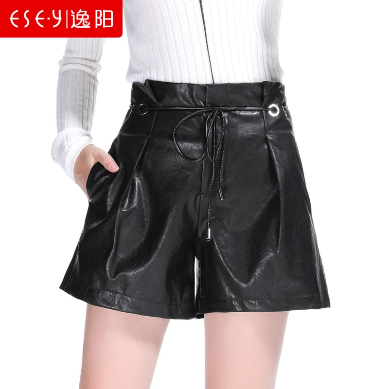 2018秋季新款休闲原宿PU皮短裤女夏高腰花苞腰阔腿潮70380