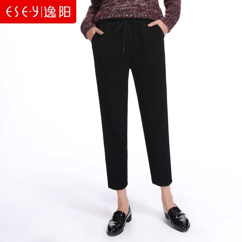 羊毛呢子松紧腰系带哈伦九分宽松休闲2018秋冬新款女裤子76538