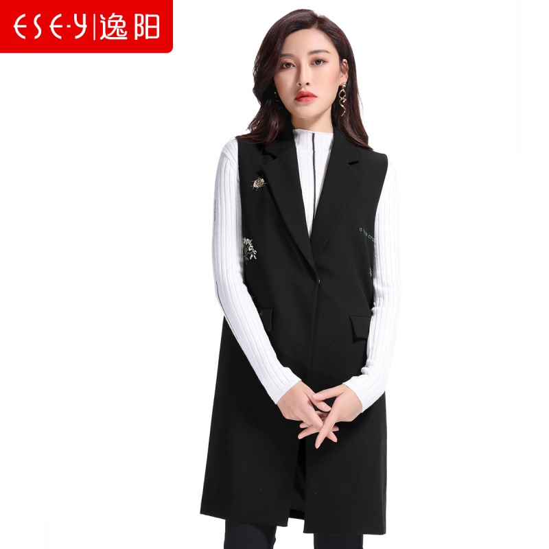 韩版气质v领百搭修身直筒刺绣中长款马甲上衣2018秋女装正品0136
