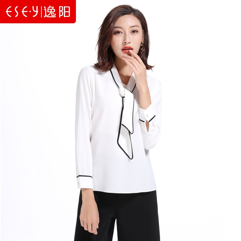 chic气质淑女外穿打底丝带长袖雪纺衬衫衬上衣2018早秋新款女0261