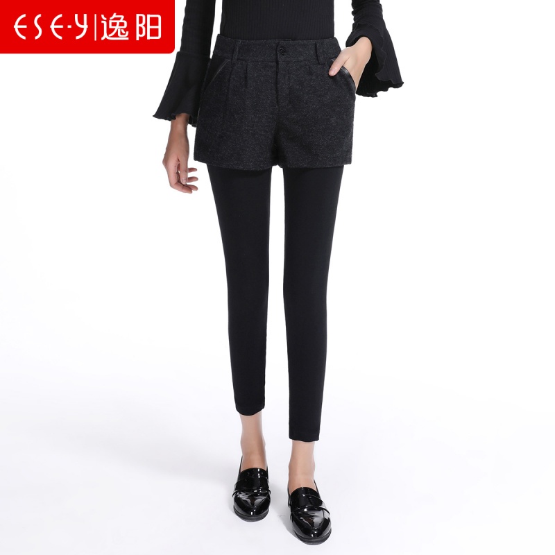 羊毛呢子假两件短裤打底裤时尚韩版修身显瘦2018秋冬新款女裤3859