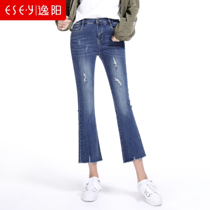 清仓2018秋季新款九分微喇牛仔裤女韩版显瘦磨烂割破喇叭裤72208