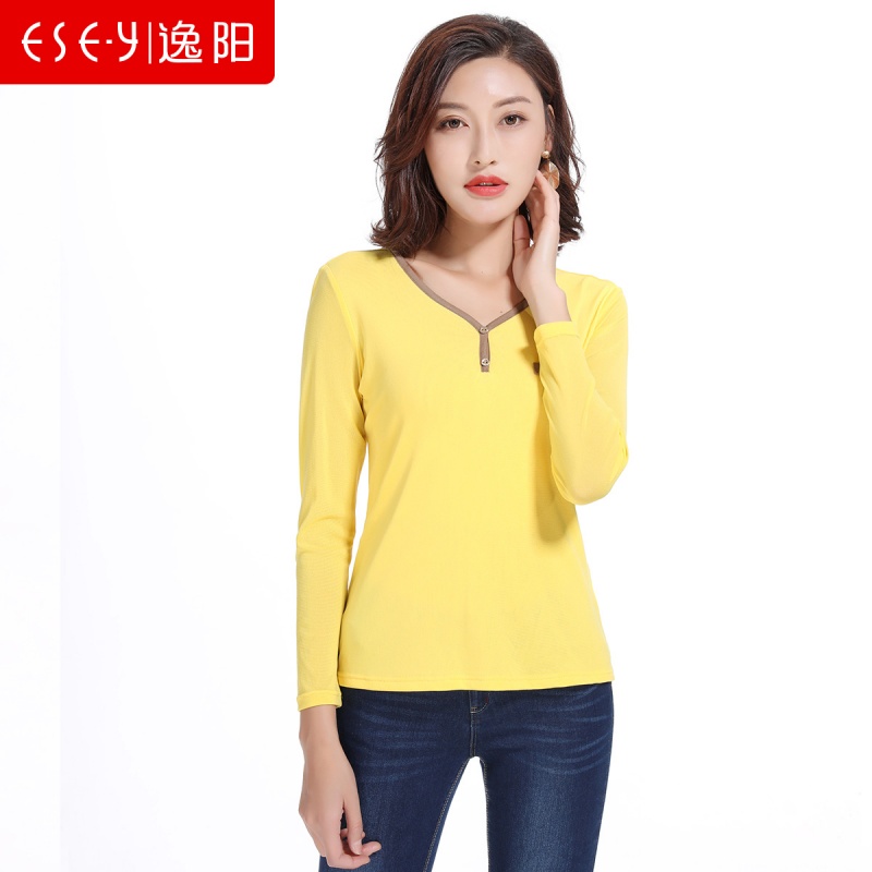 2018春装新款清仓长袖气质修身收腰显瘦彩色V领T恤上衣内搭0575