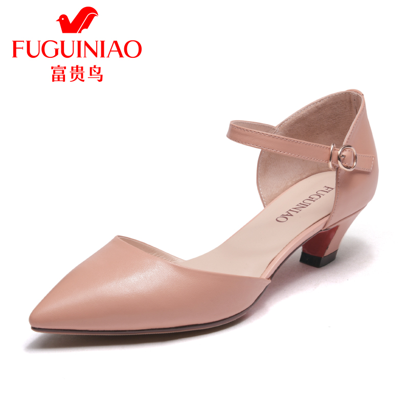 富贵鸟(FUGUINIAO)18春季性感细跟鱼嘴高跟鞋一字扣带中空时尚女单鞋