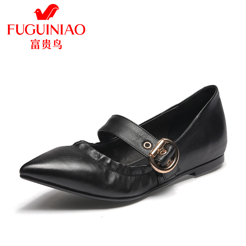 富贵鸟(FUGUINIAO)尖头单鞋2018春季新款时尚个性一字扣女鞋子百搭舒适平底鞋
