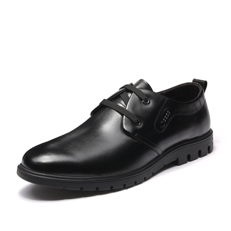 富贵鸟（FUGUINIAO）新品男士休闲皮鞋头层牛皮商务休闲系带男鞋子黑色