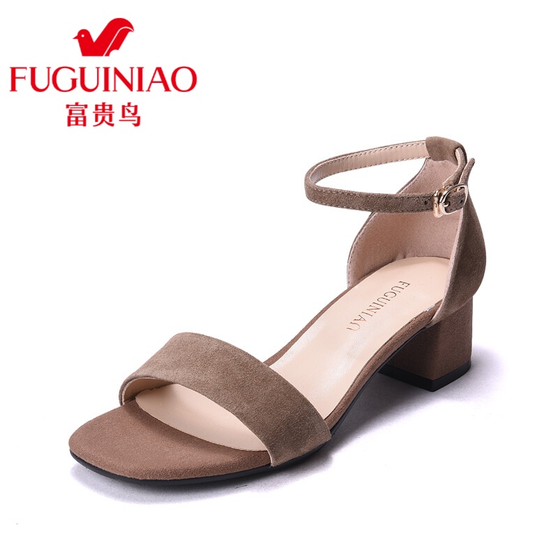 富贵鸟（FUGUINIAO）新品女鞋简约一字带粗跟高跟鞋凉鞋女夏