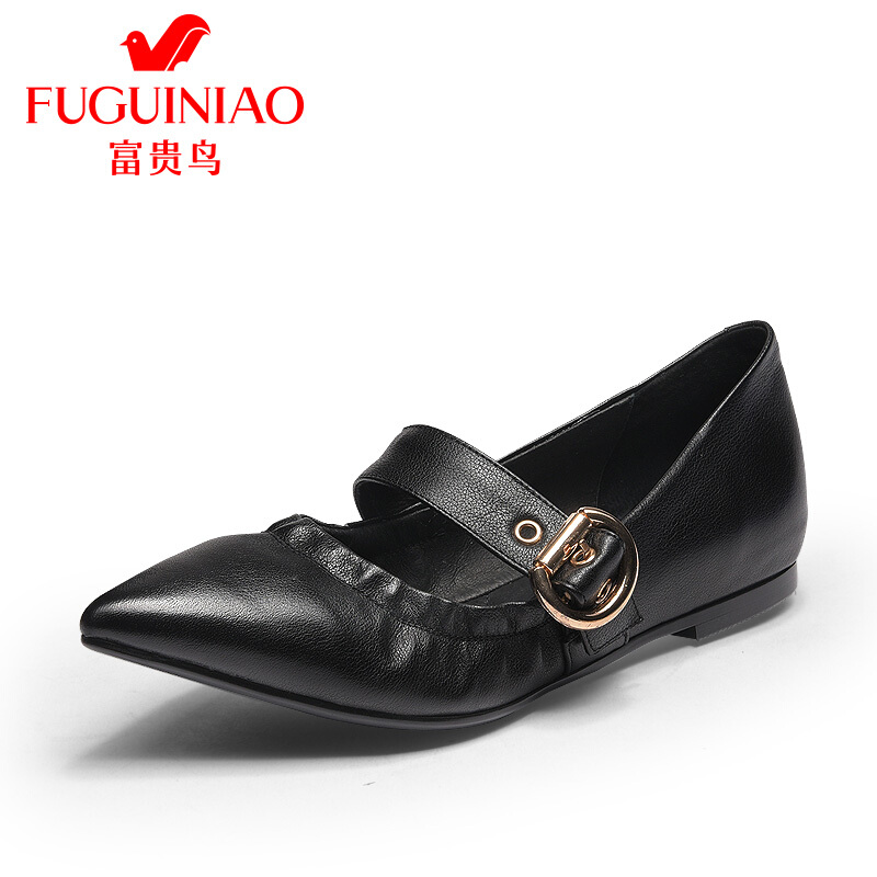 富贵鸟(FUGUINIAO)尖头单鞋2018春季新款时尚个性一字扣女鞋子百搭舒适平底鞋_1