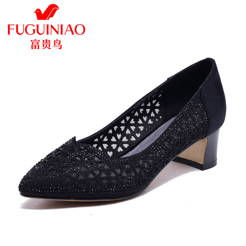 富贵鸟（FUGUINIAO）018夏季凉鞋女真皮粗跟高跟鱼嘴鞋网纱水钻女凉鞋春季中跟鞋