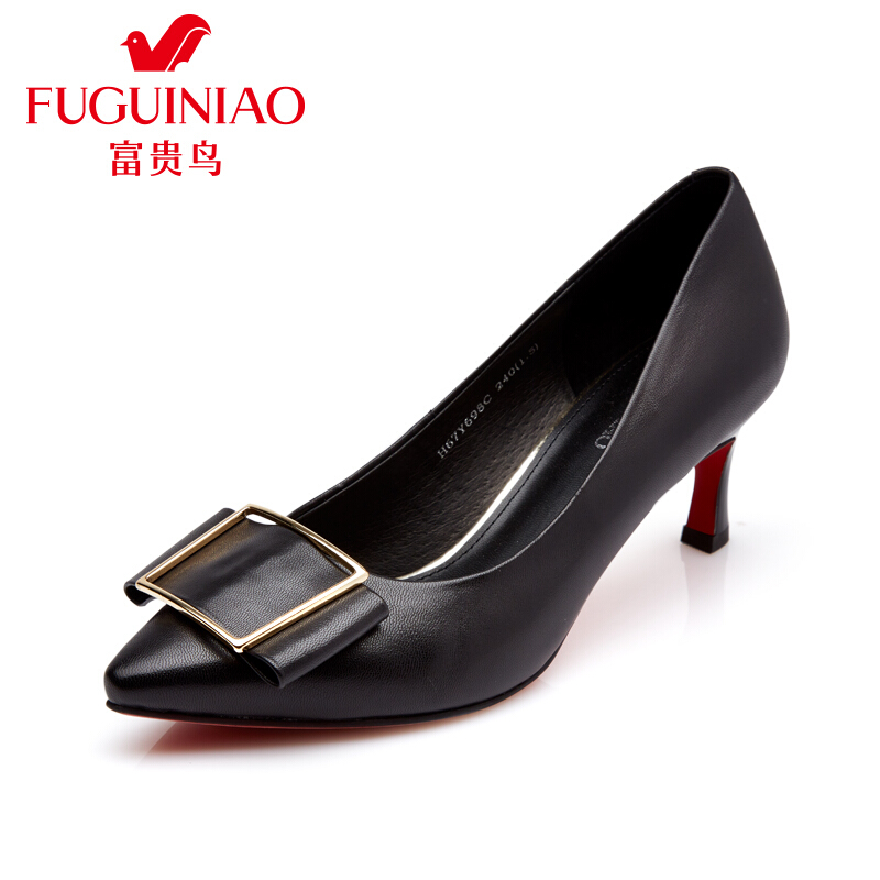 富贵鸟（FUGUINIAO）2016秋季头层猪皮内里酒杯跟时尚金属女单鞋