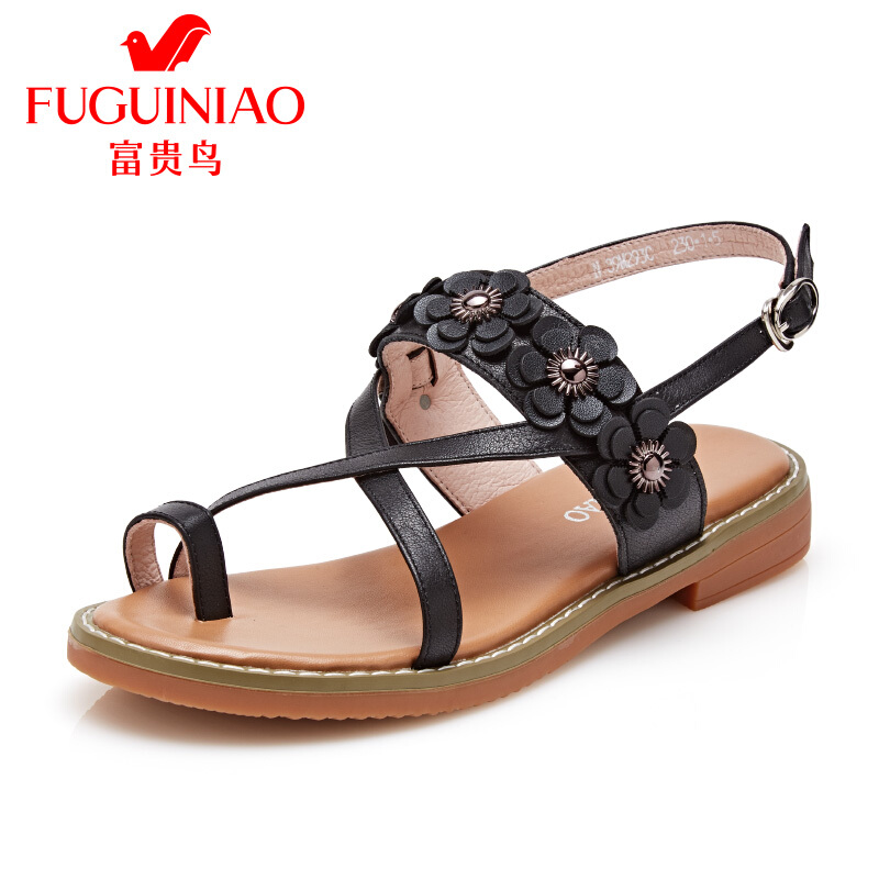 富贵鸟（FUGUINIAO）2018凉鞋女牛皮夏季女鞋子新款花朵一字带凉鞋粗跟百搭真皮罗马