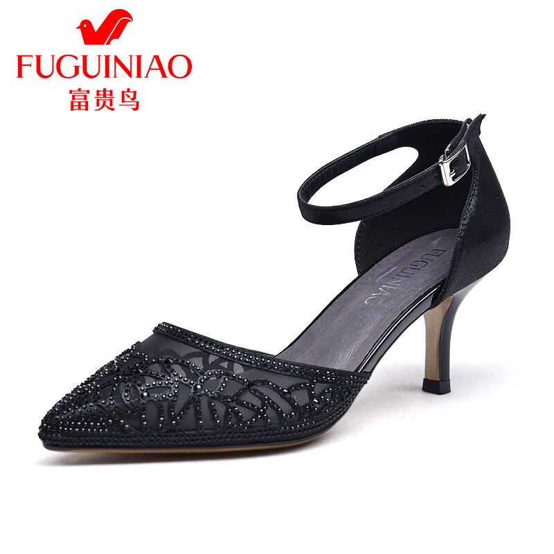 富贵鸟（FUGUINIAO）2018夏季镂空透气尖头细跟单鞋包头一字扣带凉鞋女
