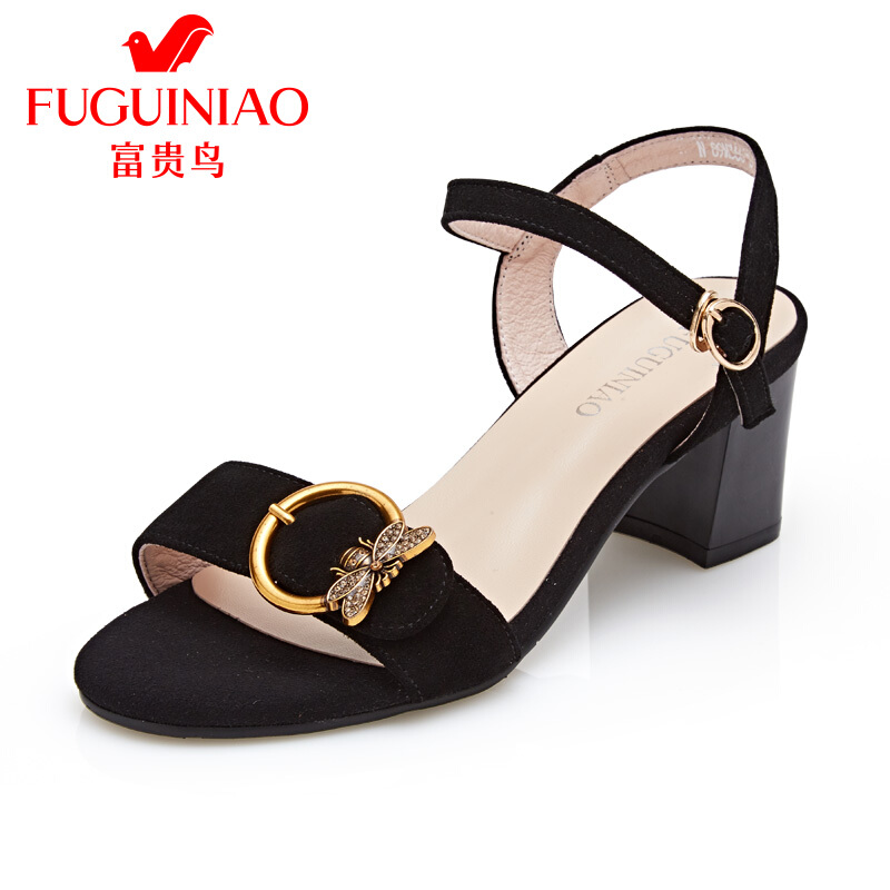 富贵鸟（FUGUINIAO）2018新款夏季一字带扣女式高粗跟凉鞋女露趾单鞋