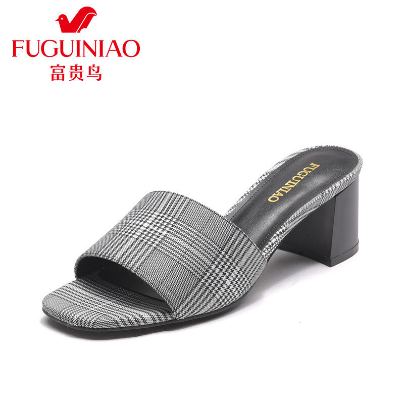 富贵鸟（FUGUINIAO）2018新款羊反绒露趾简约休闲粗跟女凉拖鞋