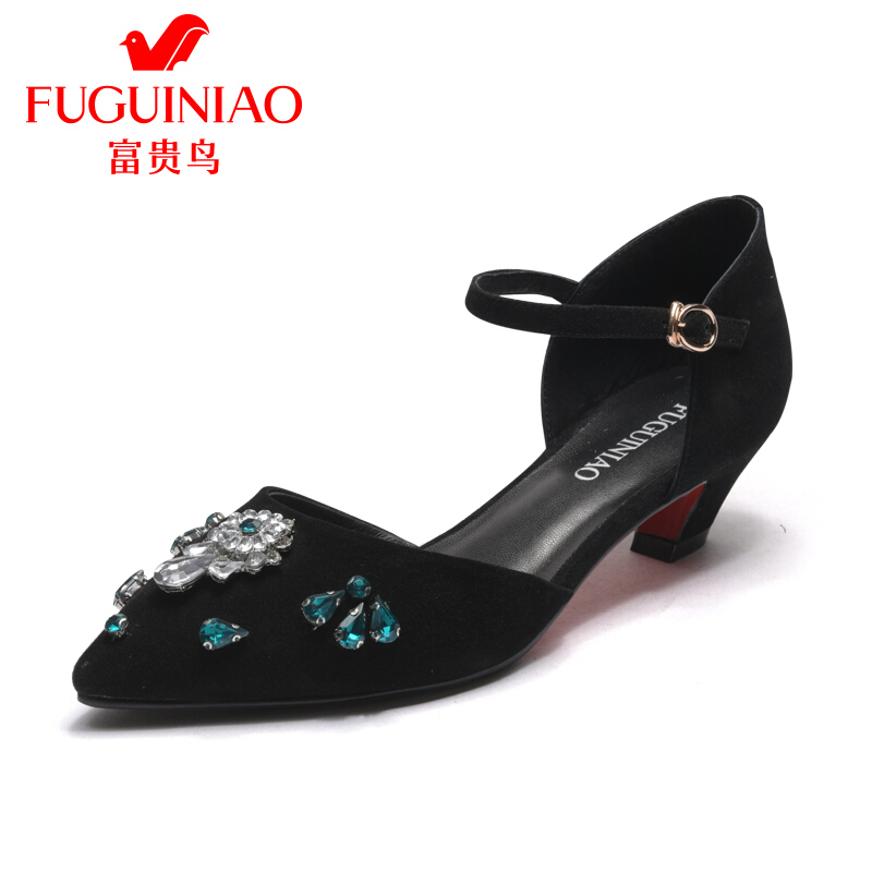 富贵鸟（FUGUINIAO）2018春季新品中空羊皮绒面单鞋女水钻百搭女鞋