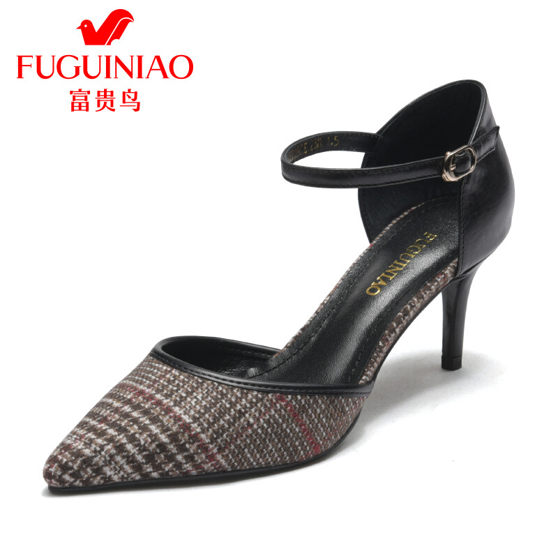 富贵鸟（FUGUINIAO）2018春季新款尖头包跟中空单鞋细跟高跟鞋黑色