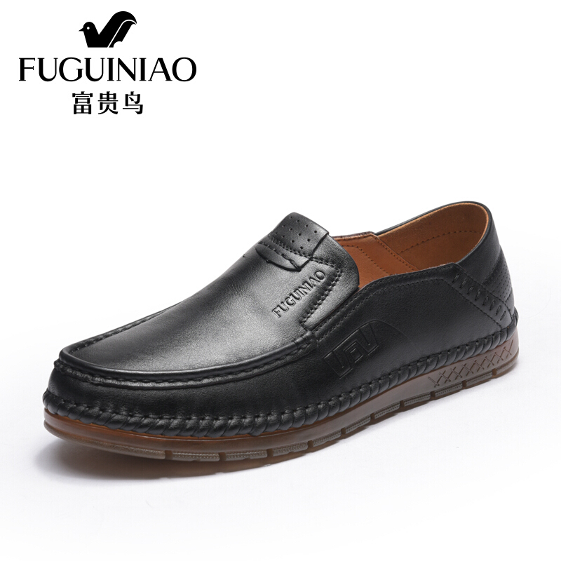 富贵鸟（FUGUINIAO）2018春新款男士皮鞋商务正装真皮舒适圆头套脚男鞋黑色正装皮