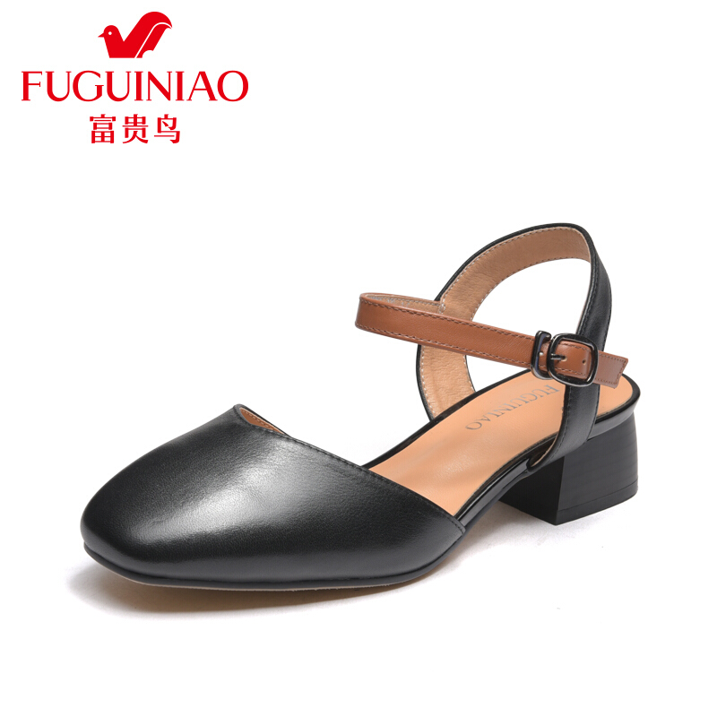 富贵鸟（FUGUINIAO）2018春新款粗跟浅口女鞋一字扣真皮单鞋