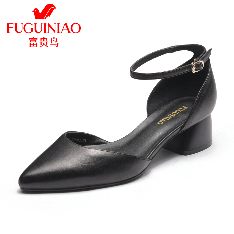 富贵鸟（FUGUINIAO）2018粗跟女鞋尖头中跟浅口单鞋女欧美潮一字扣带女休闲鞋子