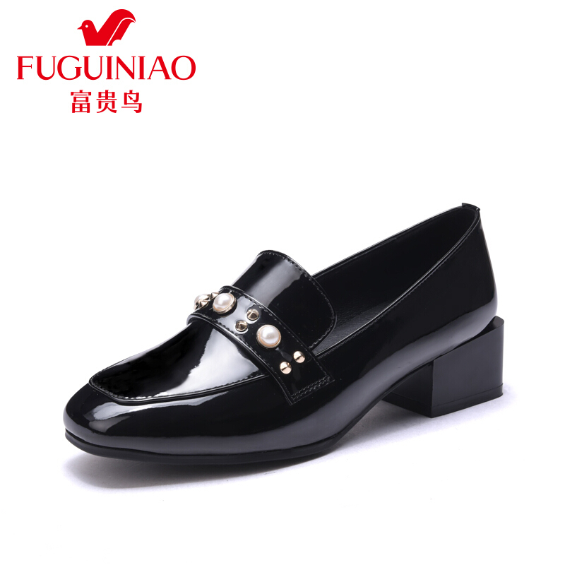 富贵鸟（FUGUINIAO）单鞋女英伦风女鞋粗跟牛津鞋百搭珍珠鞋