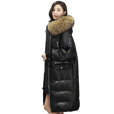 兰奥2017秋冬新品真皮皮衣女羽绒服海宁绵羊皮中长款貉子毛领外套