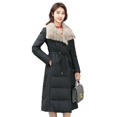 兰奥 海宁海宁真皮绵羊 皮水貂毛领女 时尚系带羽绒长款外套
