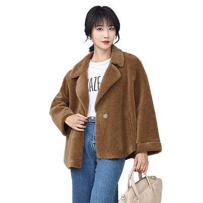 兰奥2018秋冬新品羊剪绒大衣女一粒扣羊毛皮草短款外套