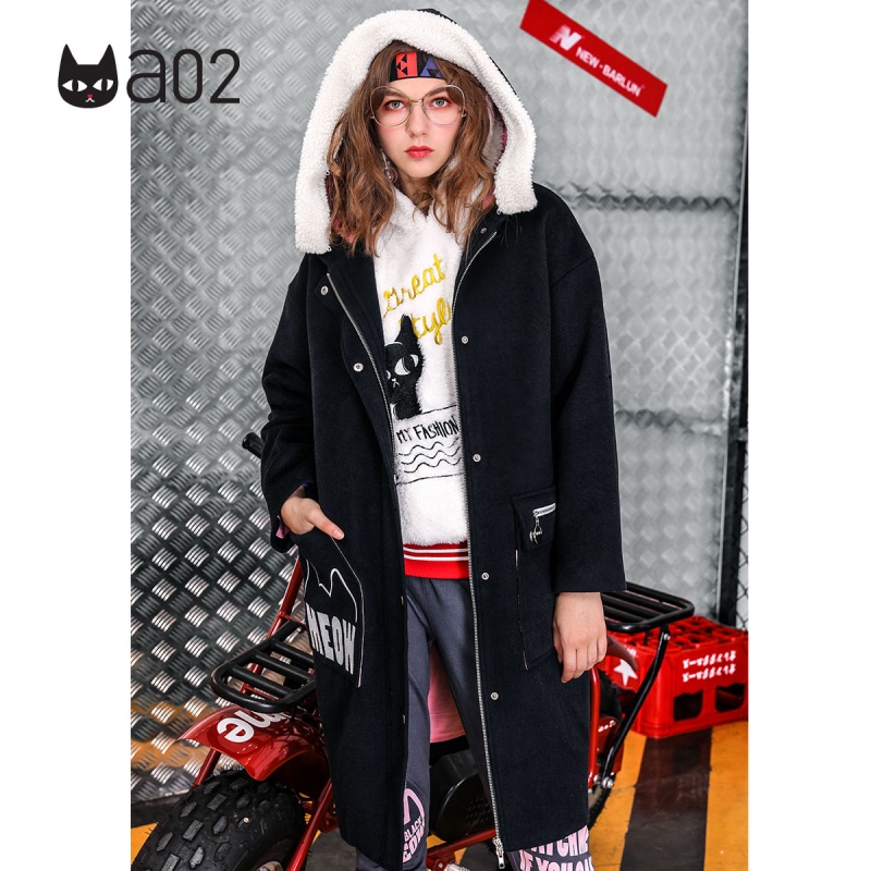 a02新款韩版学生中长款连帽保暖毛呢大衣女外套DTT6C0191CT