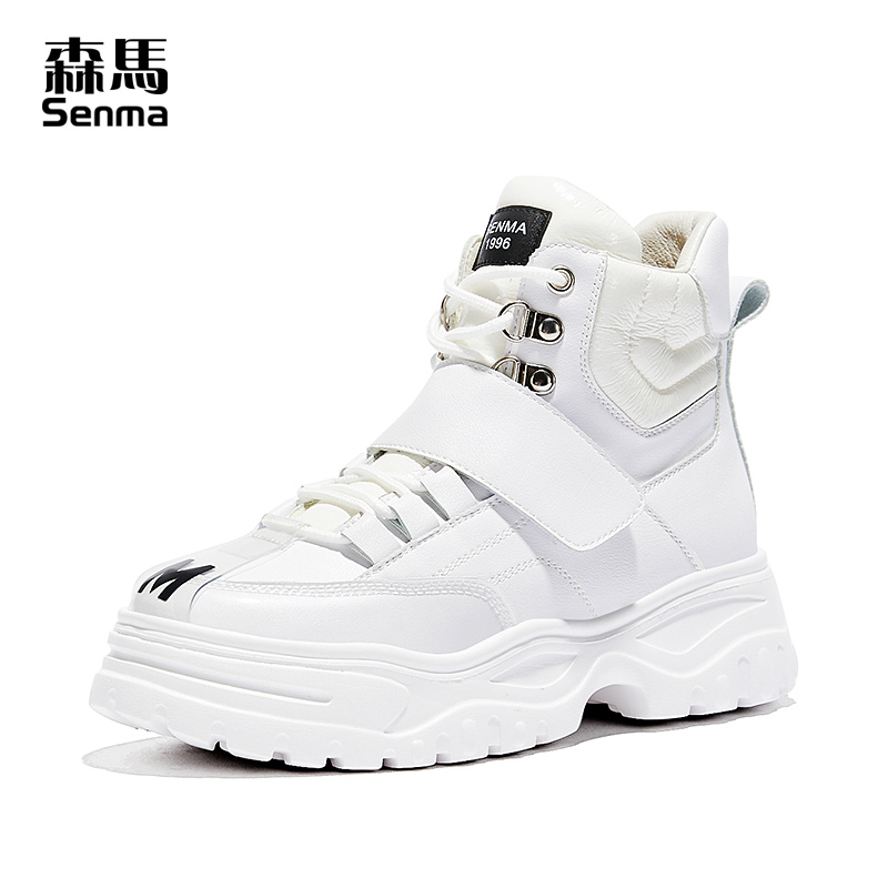 森马高帮鞋女季加绒保暖韩版百搭棉鞋白色运动休闲鞋