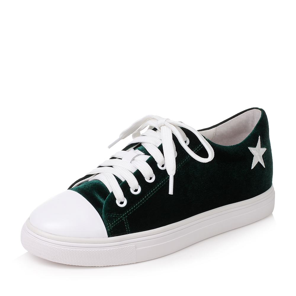 Teenmix/天美意秋深绿/白色纺织品星星图案系带鞋女休闲鞋6U526CM7