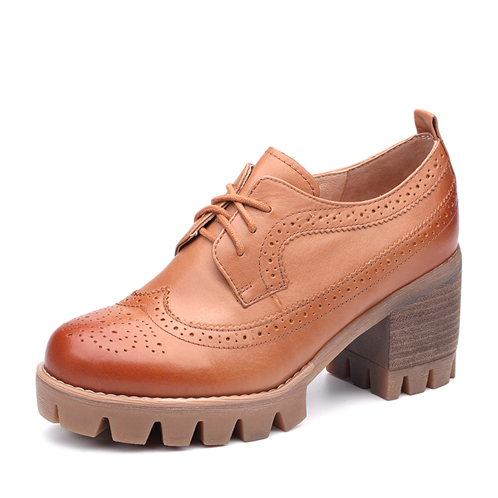 Teenmix/天美意秋专柜同款棕色牛皮英伦风系带鞋女单鞋6E828CM7