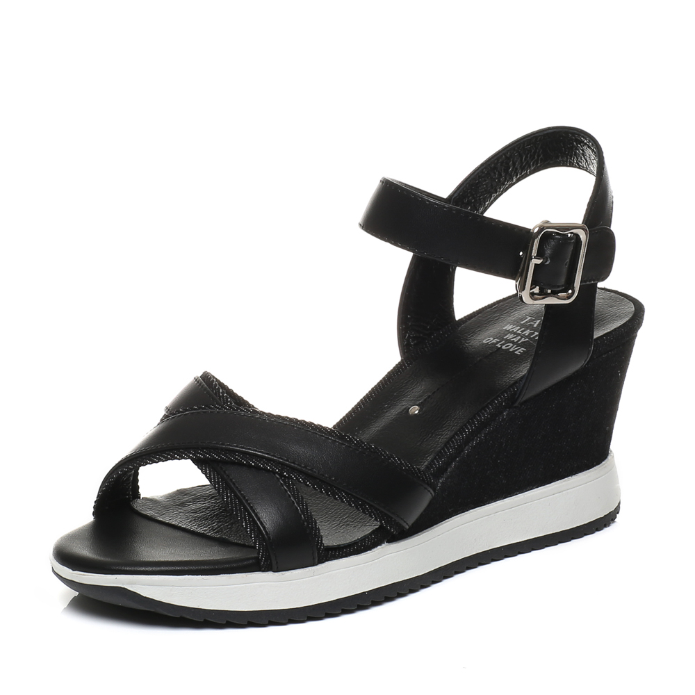 Tata/他她夏专柜同款黑色牛皮拼接布一字带坡跟女凉鞋T2305BL7