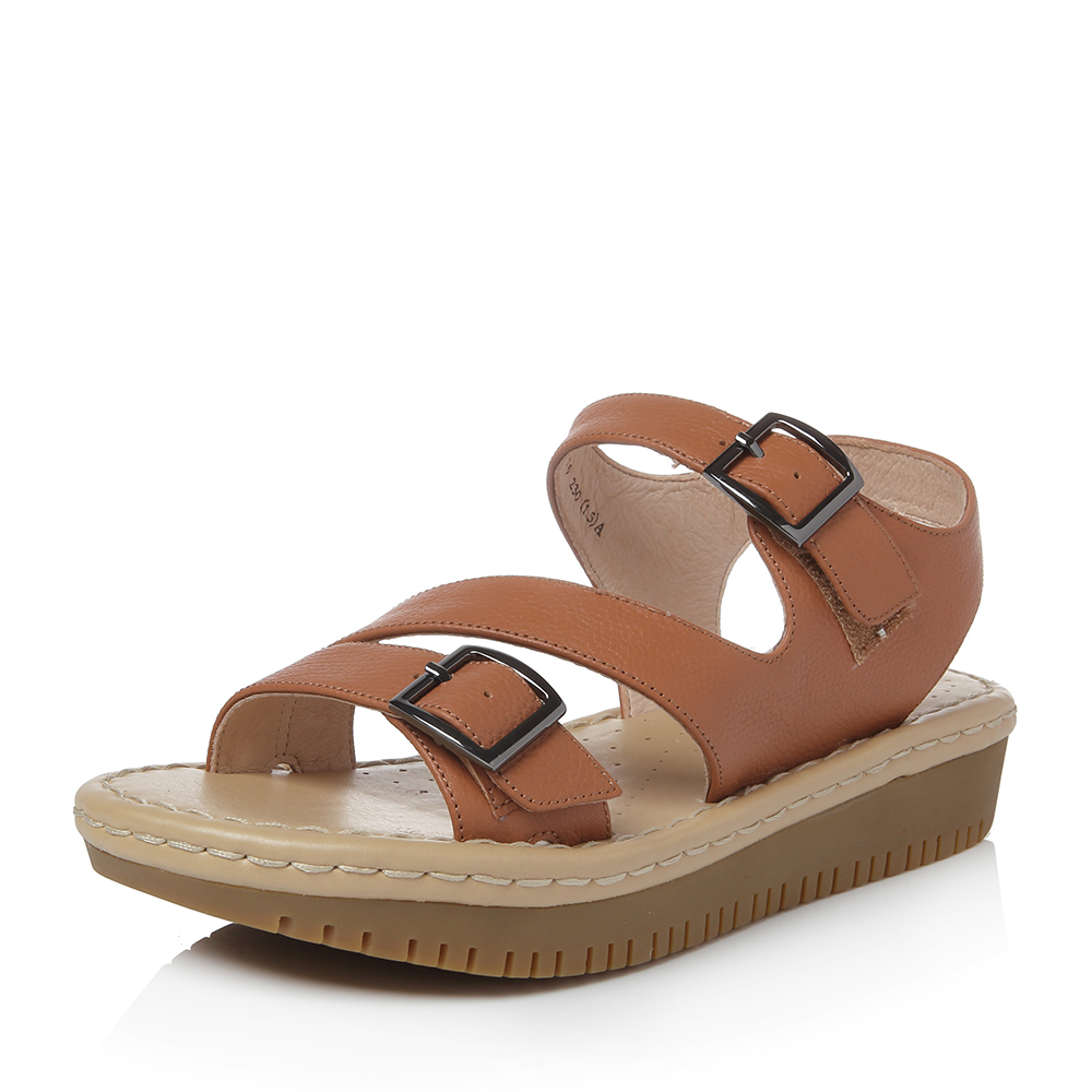 Teenmix/天美意2018夏专柜同款棕色牛皮皮带扣厚底女凉鞋6X706BL8